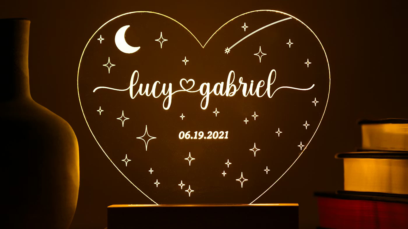 Personalized Heart Night Light | Custom Engraved Name & Date LED Lamp Gift