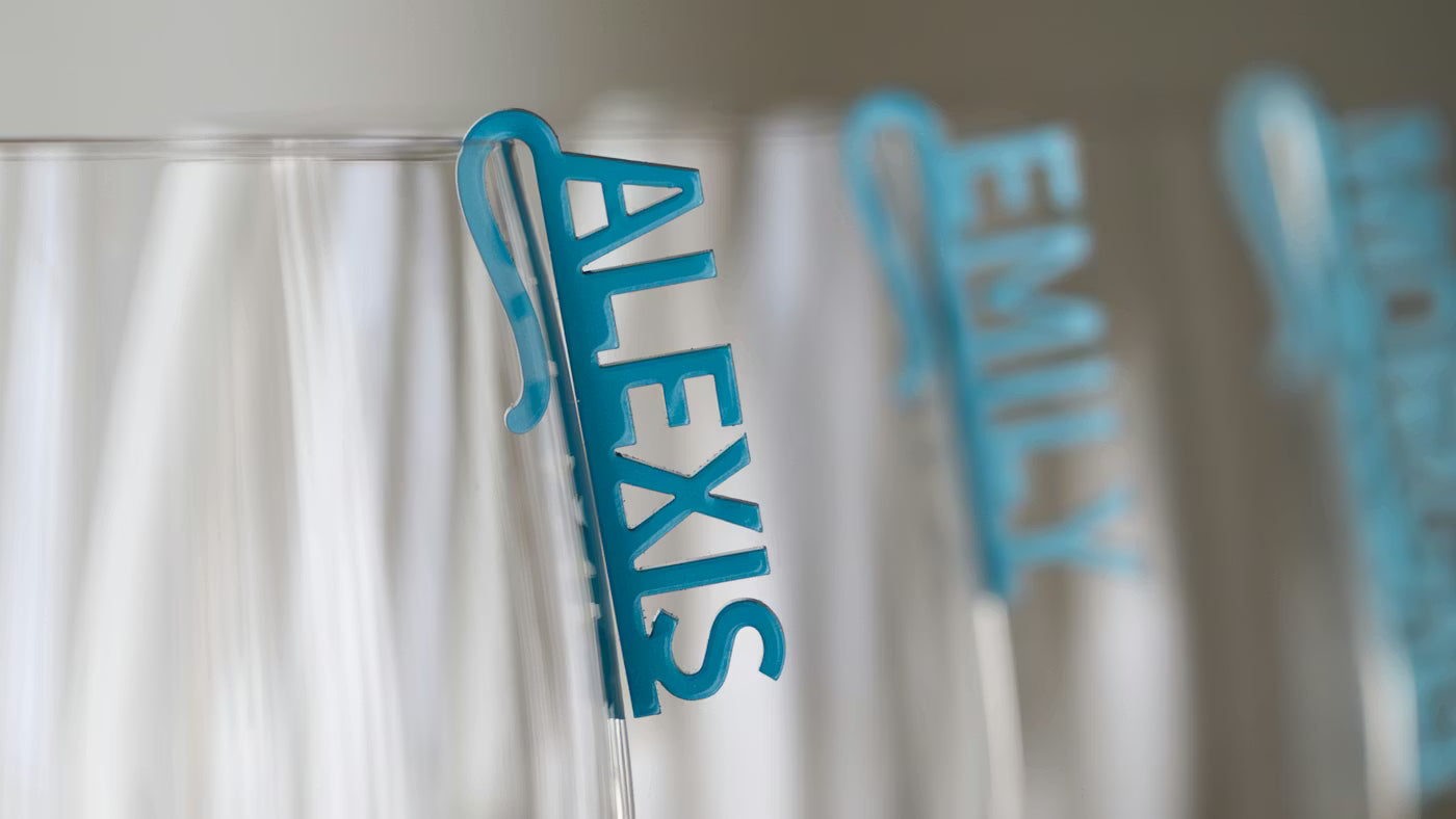 Personalized Acrylic Name Drink Markers | Custom Wine Glass Charms & Wedding Place Cards