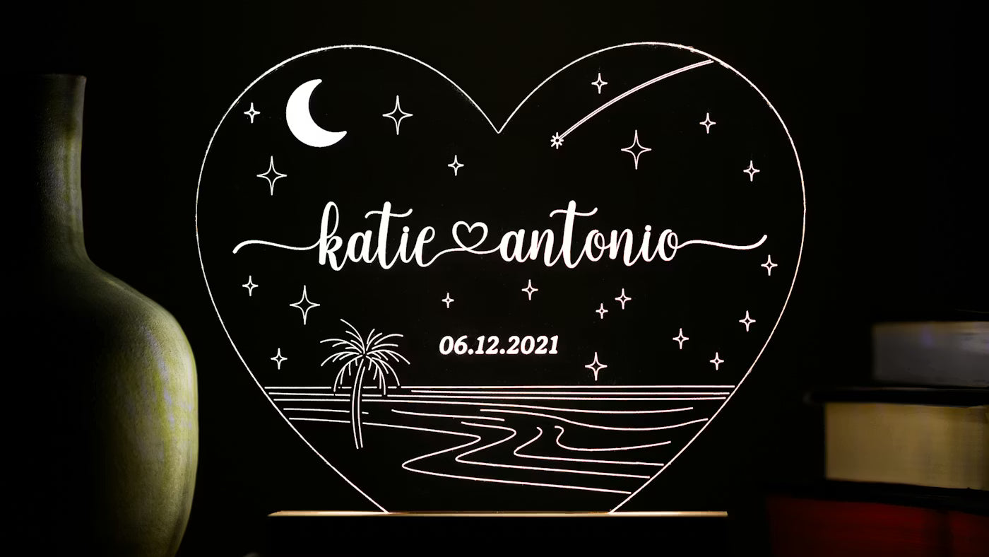 Personalized Heart Night Light | Custom Engraved Name & Date LED Lamp Gift