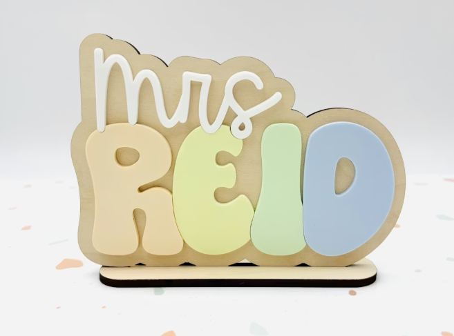 Custom 3D Teacher Desk Name Plate | Personalized Wooden Apple & Pencil Classroom Decor