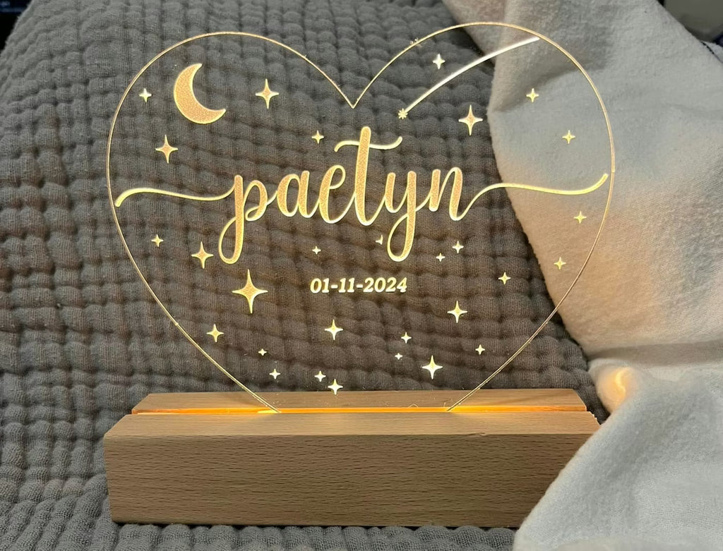 Personalized Heart Night Light | Custom Engraved Name & Date LED Lamp Gift