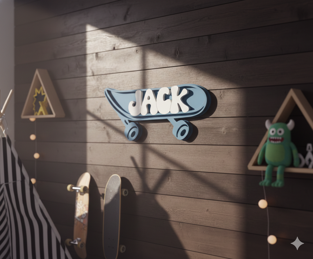 Custom 3D Skateboard Name Sign | Personalized Boy’s Room Wall Art & Skate Decor