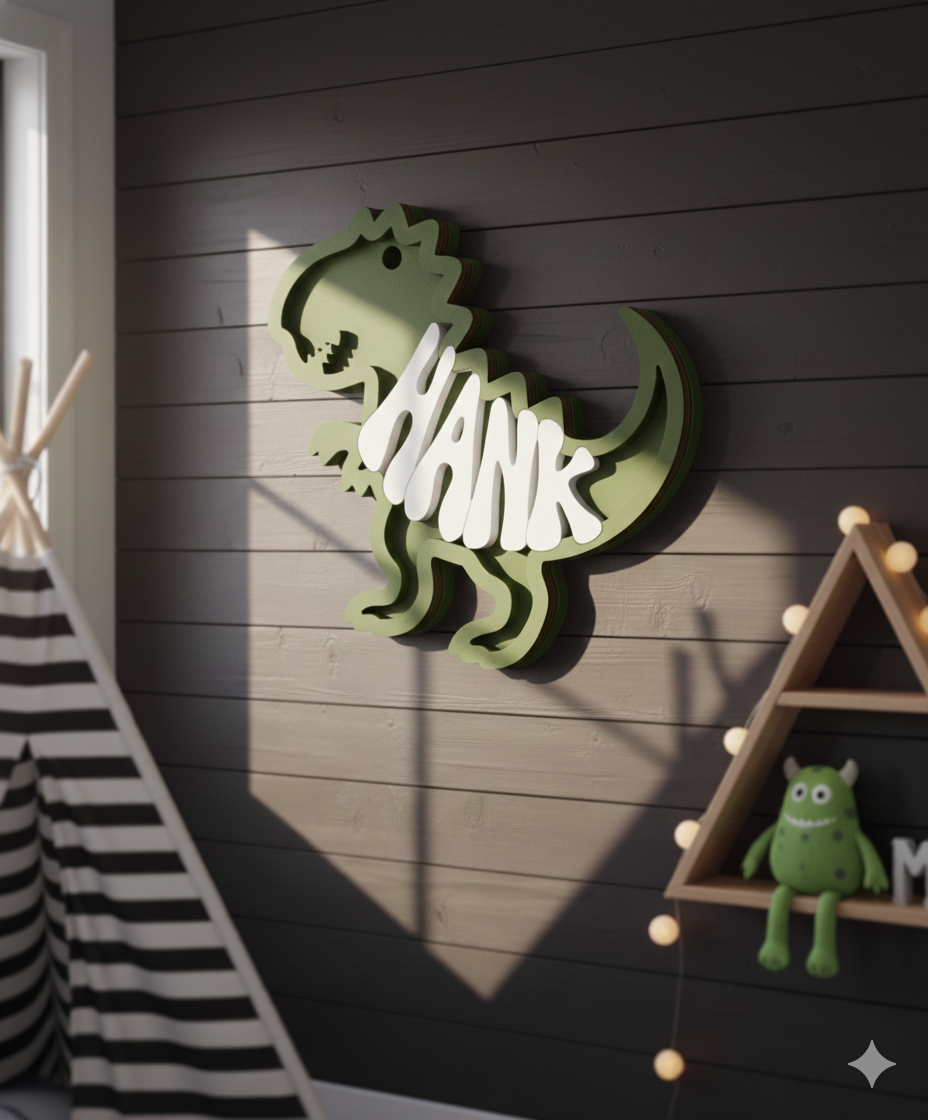 Custom 3D Dinosaur Name Sign | Personalized T-Rex Kids Room Wall Art & Dino Nursery Decor