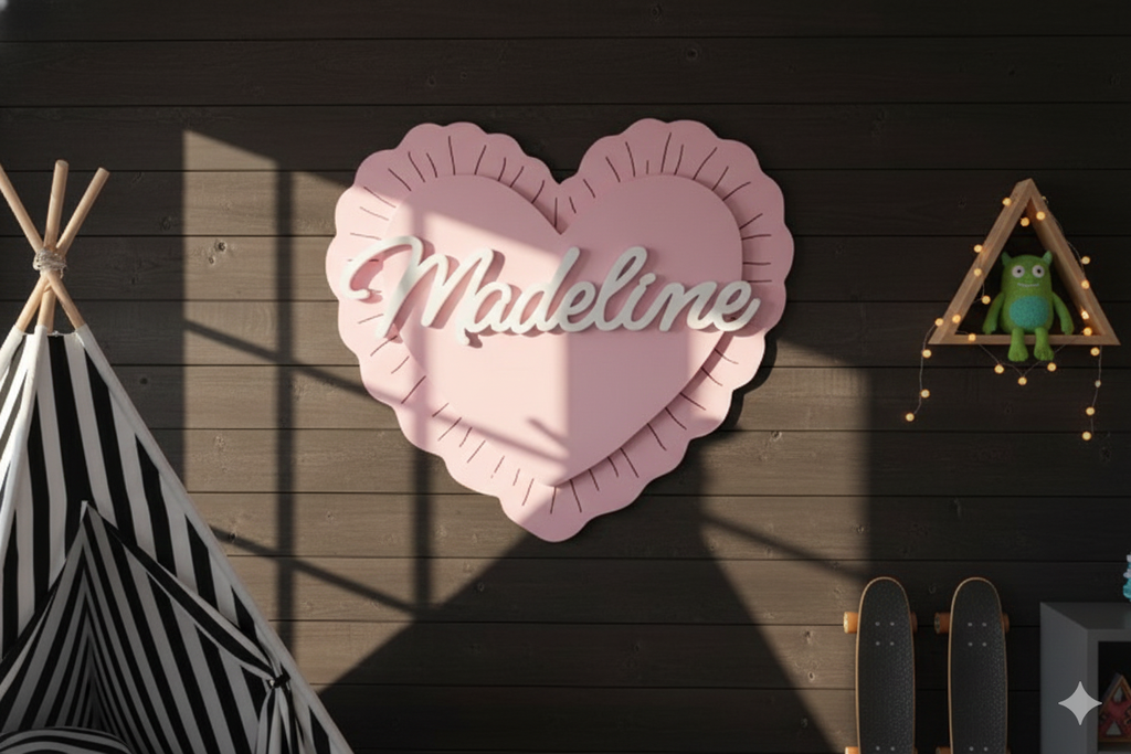 Custom 3D Ruffle Heart Name Sign | Personalized Girly Nursery Wall Art & Heart Decor