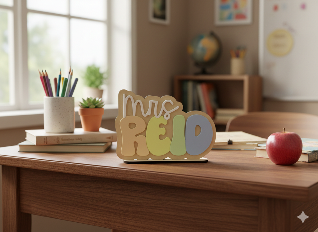 Custom 3D Teacher Desk Name Plate | Personalized Wooden Apple & Pencil Classroom Decor